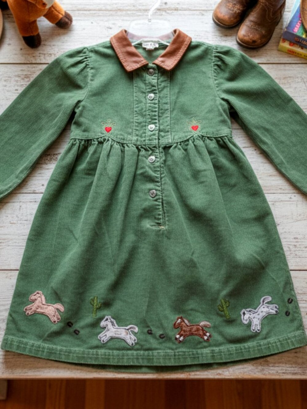 Vintage Le Top Corduroy Country Farm Green Horse Applique Girls Size 6 Dress